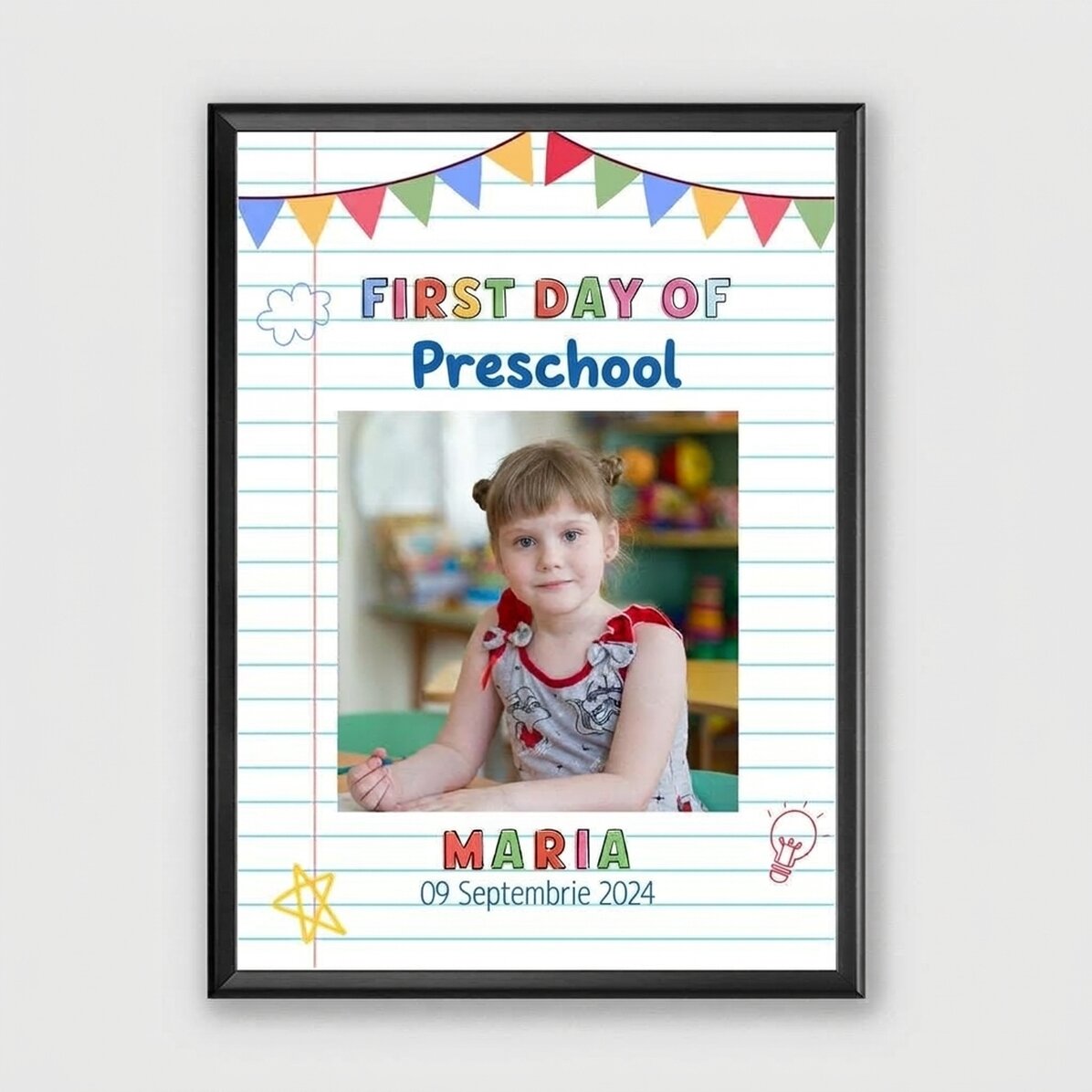 Gepersonaliseerd schilderij met tekst en 1 foto - De eerste dag op de kleuterschool