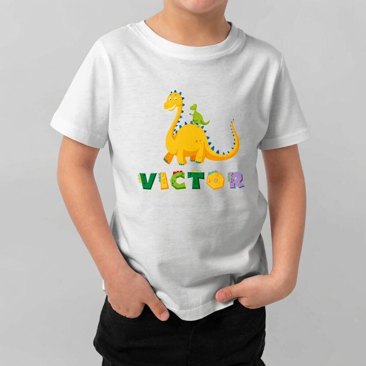 Katoenen T-shirt voor kinderen, gepersonaliseerd met tekst - Dino