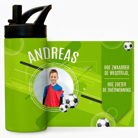 Thermosfles met handvat en rietje, gepersonaliseerd met tekst en foto - De kleine voetballer