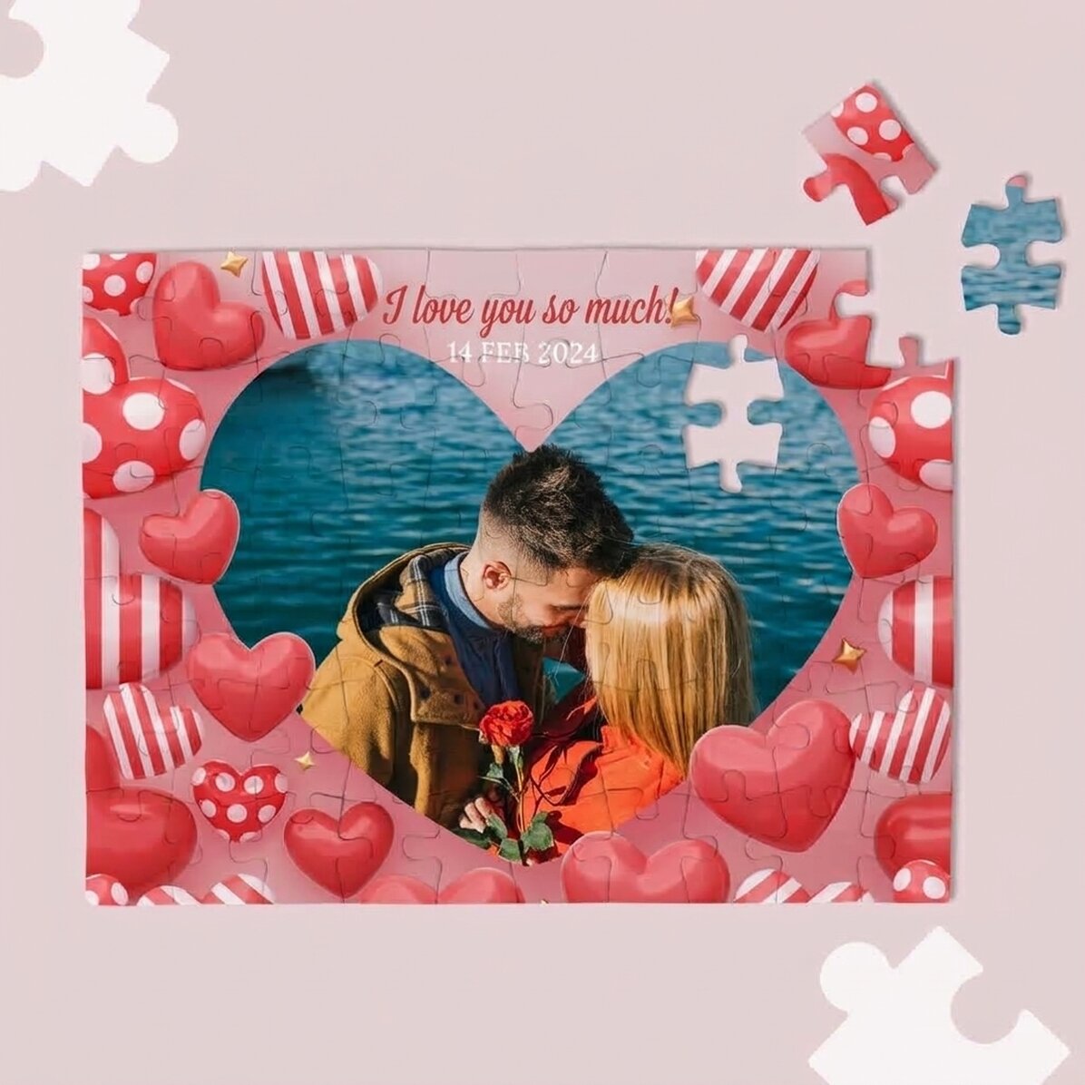 Gepersonaliseerde puzzel met foto en tekst - Glossy hearts