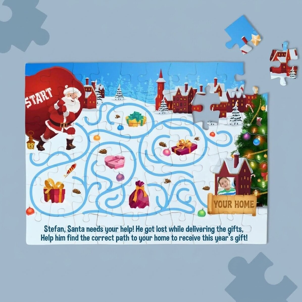 Gepersonaliseerde puzzel voor kinderen met een foto en tekst - De reis van de Kerstman