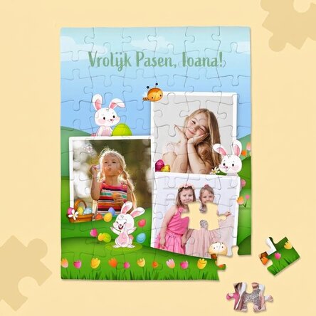 Gepersonaliseerde puzzel voor kinderen met 3 foto's en tekst - Vrolijk Pasen!