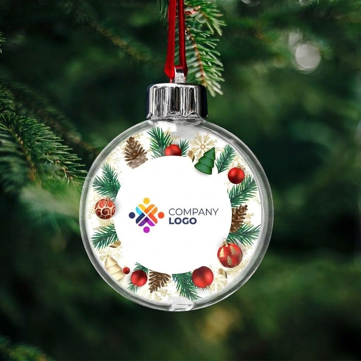 Gepersonaliseerde bol, voor- en achterkant, met logo en boodschap - Fijne feestdagen!