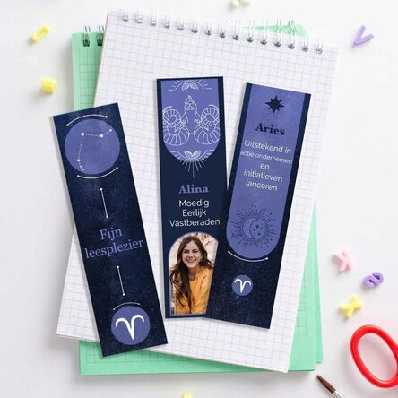 Set van 3 gepersonaliseerde boekenleggers met tekst en foto - Sterrenbeeld Ram