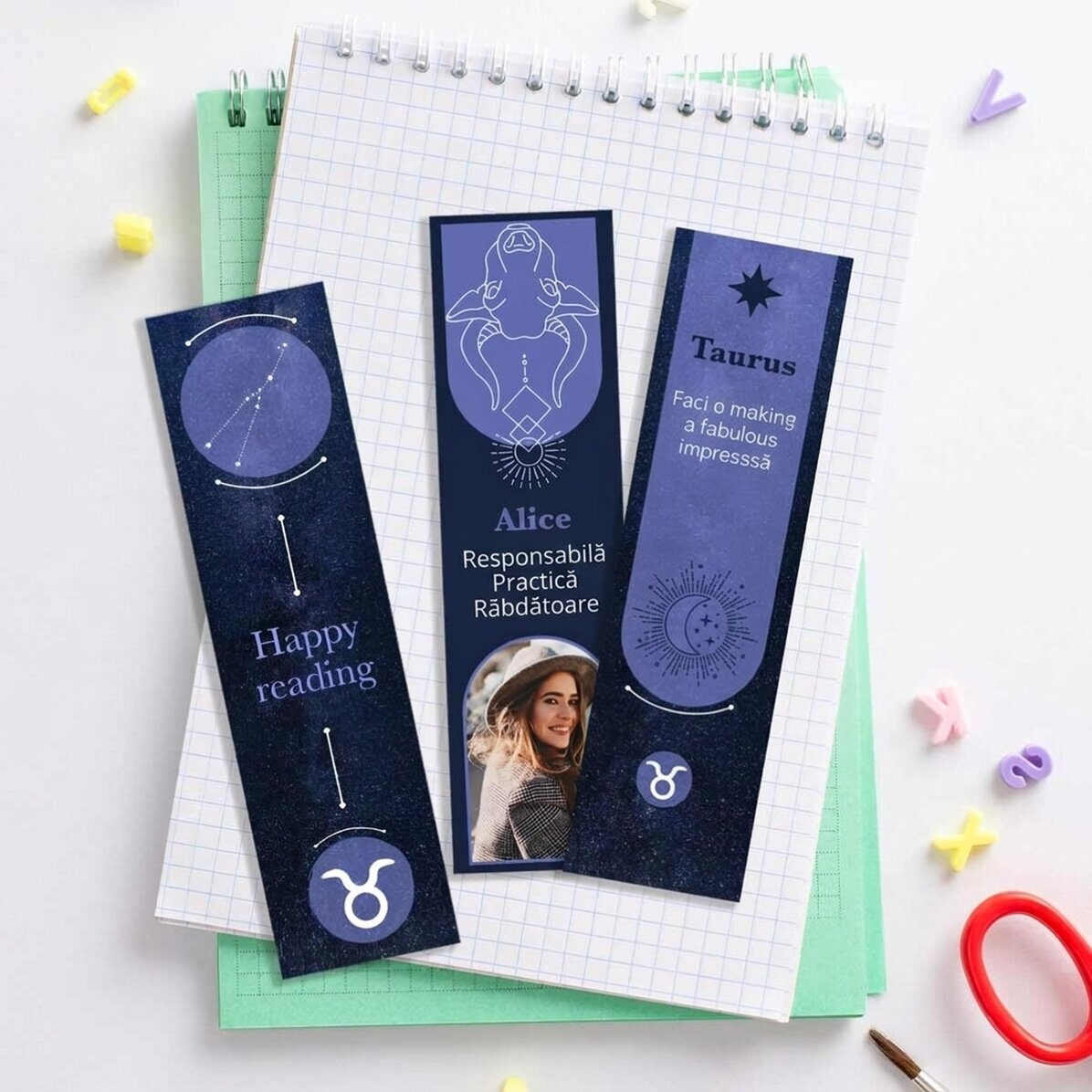 Set van 3 gepersonaliseerde boekenleggers met tekst en foto - Sterrenbeeld Stier