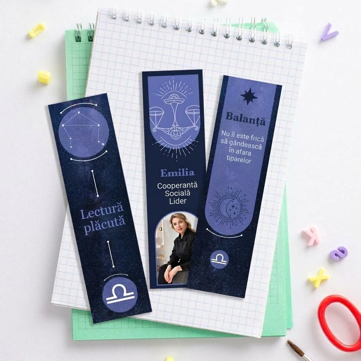 Set van 3 gepersonaliseerde boekenleggers met tekst en foto - Sterrenbeeld Weegschaal