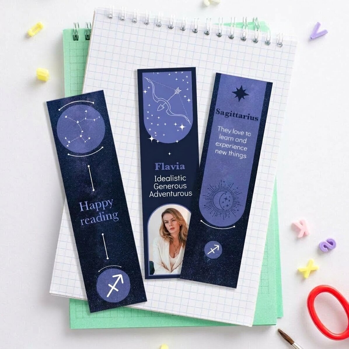 Set of 3 personalised bookmarks with message and photo - Sagittarius Zodiac Sign