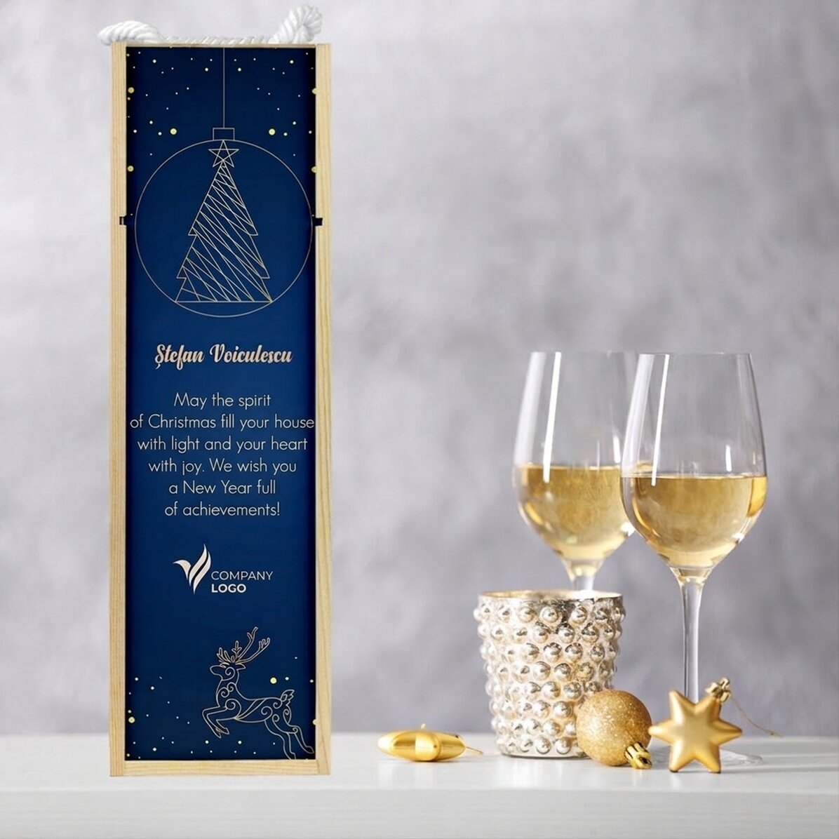 Gepersonaliseerde wijnkist met logo en boodschap - Gold