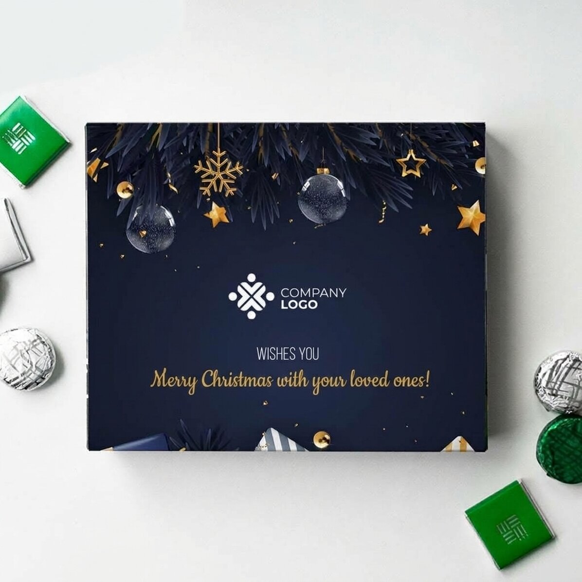 Gepersonaliseerde bonbondoos met logo en boodschap – Vrolijk Kerstfeest!