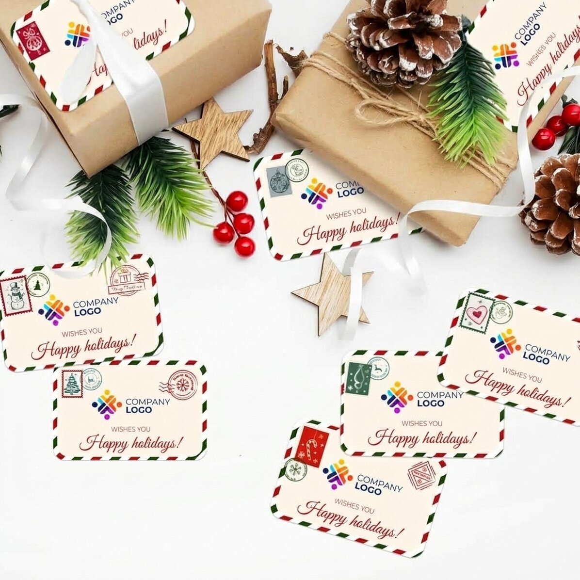Set van 8 rechthoekige stickers (zelfklevende etiketten) met eigen logo - Kerststickers