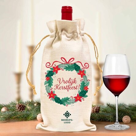 Gepersonaliseerd zakje voor een fles wijn met logo en boodschap - Vrolijk Kerstfeest!