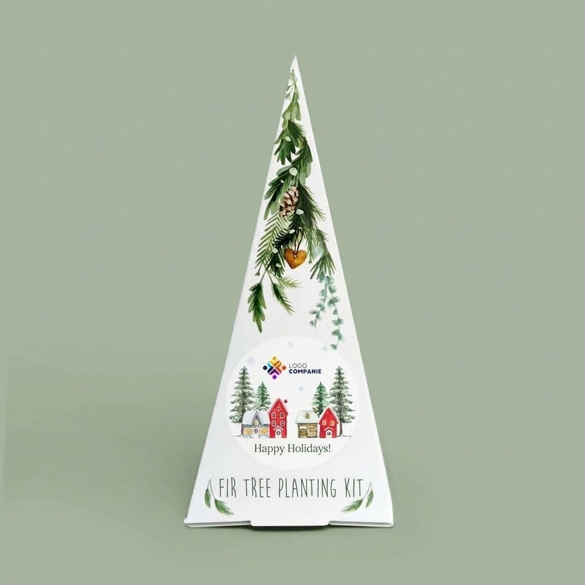 Gepersonaliseerde kerstboom-plantkit met logo en boodschap - Fijne feestdagen!