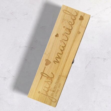 Bamboo wine box with accessories, personalised with message - just married