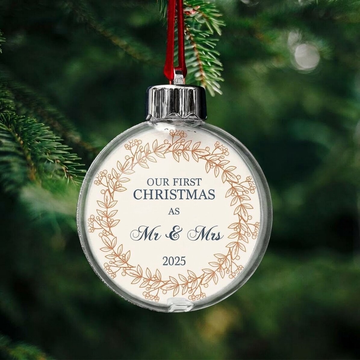 Gepersonaliseerde, door-en-door doorzichtige kerstbal met een foto en een boodschap - Onze eerste ke