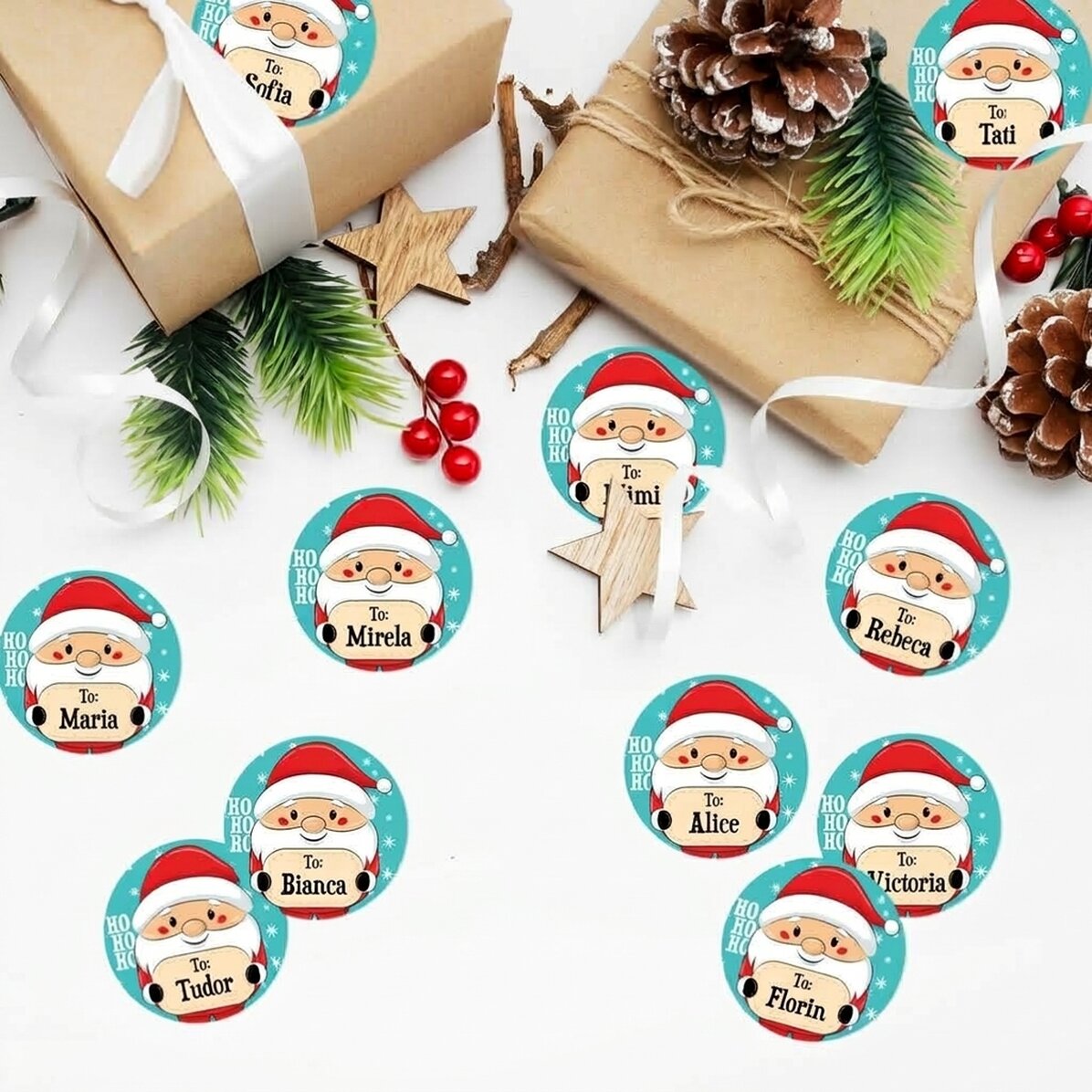 Set van 12 gepersonaliseerde stickers (zelfklevende etiketten) met een boodschap – Van de Kerstman