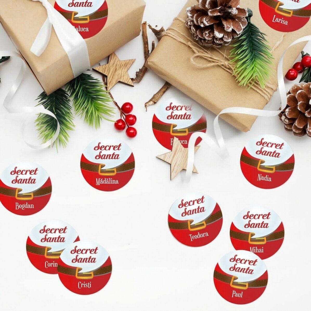 Set van 12 gepersonaliseerde stickers (zelfklevende etiketten) met een boodschap - Secret Santa