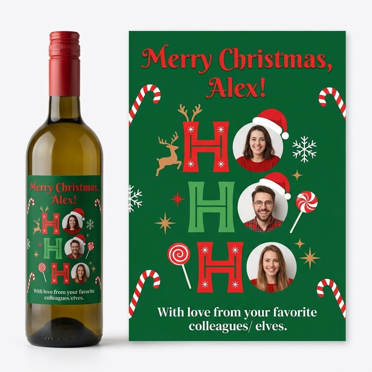 Wijn met een persoonlijke boodschap en 3 kerstfoto