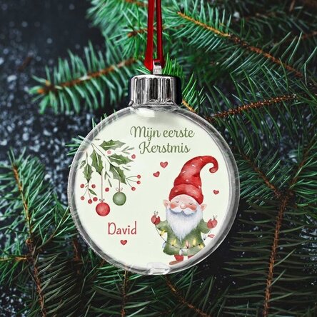 Gepersonaliseerde, doorzichtige kerstbal met aan beide kanten een foto en een boodschap - Mijn eerst