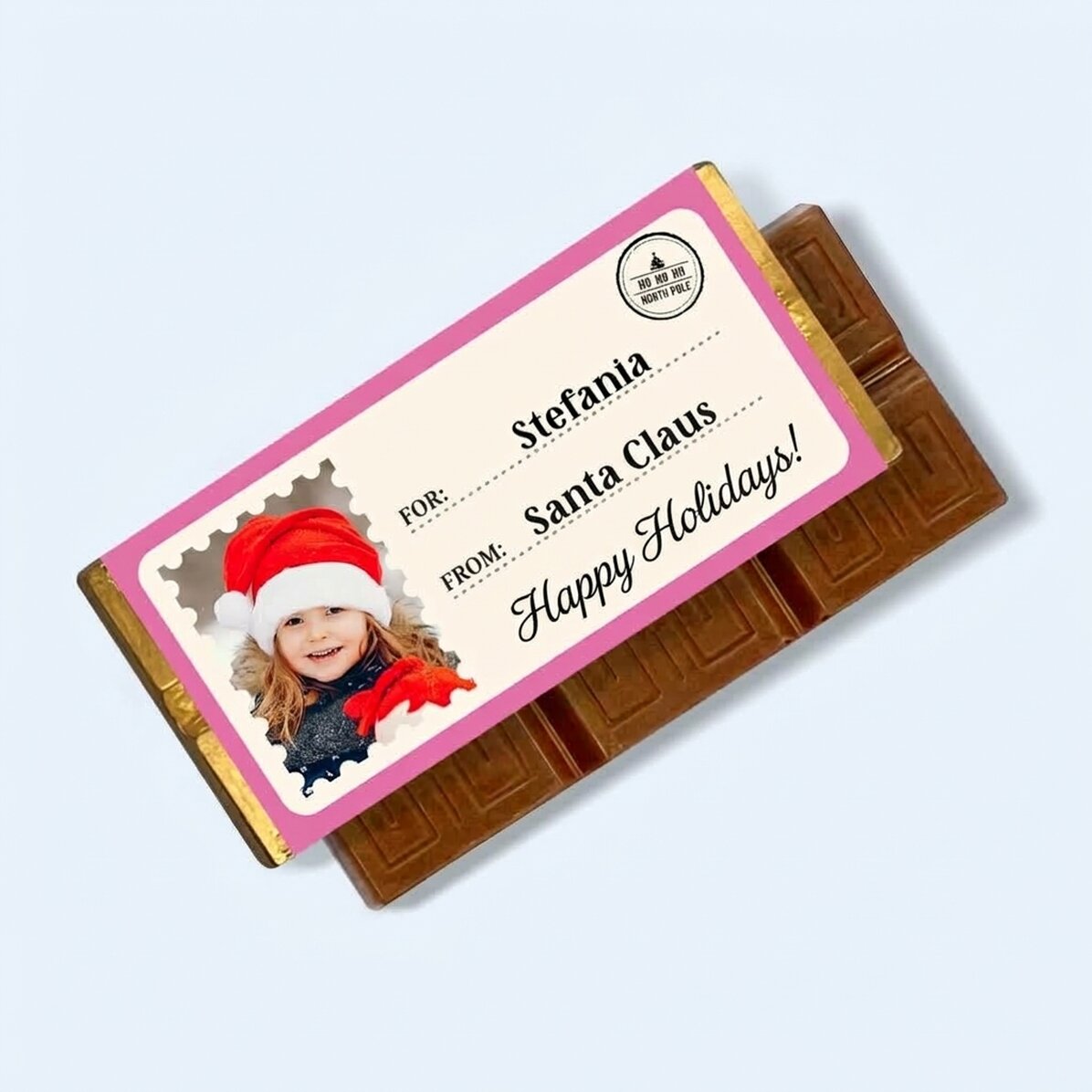Mini-chocoladetabletje, gepersonaliseerd met een foto en een boodschap – Liefs, de kerstman