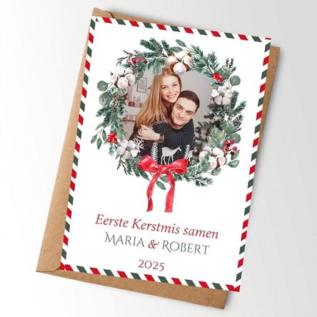 Gepersonaliseerde kaart met een foto en tekst - Onze eerste Kerst samen