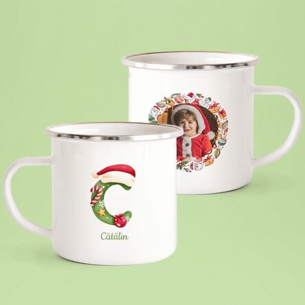 Gepersonaliseerde geëmailleerde mok met tekst en een foto - Kerstmis