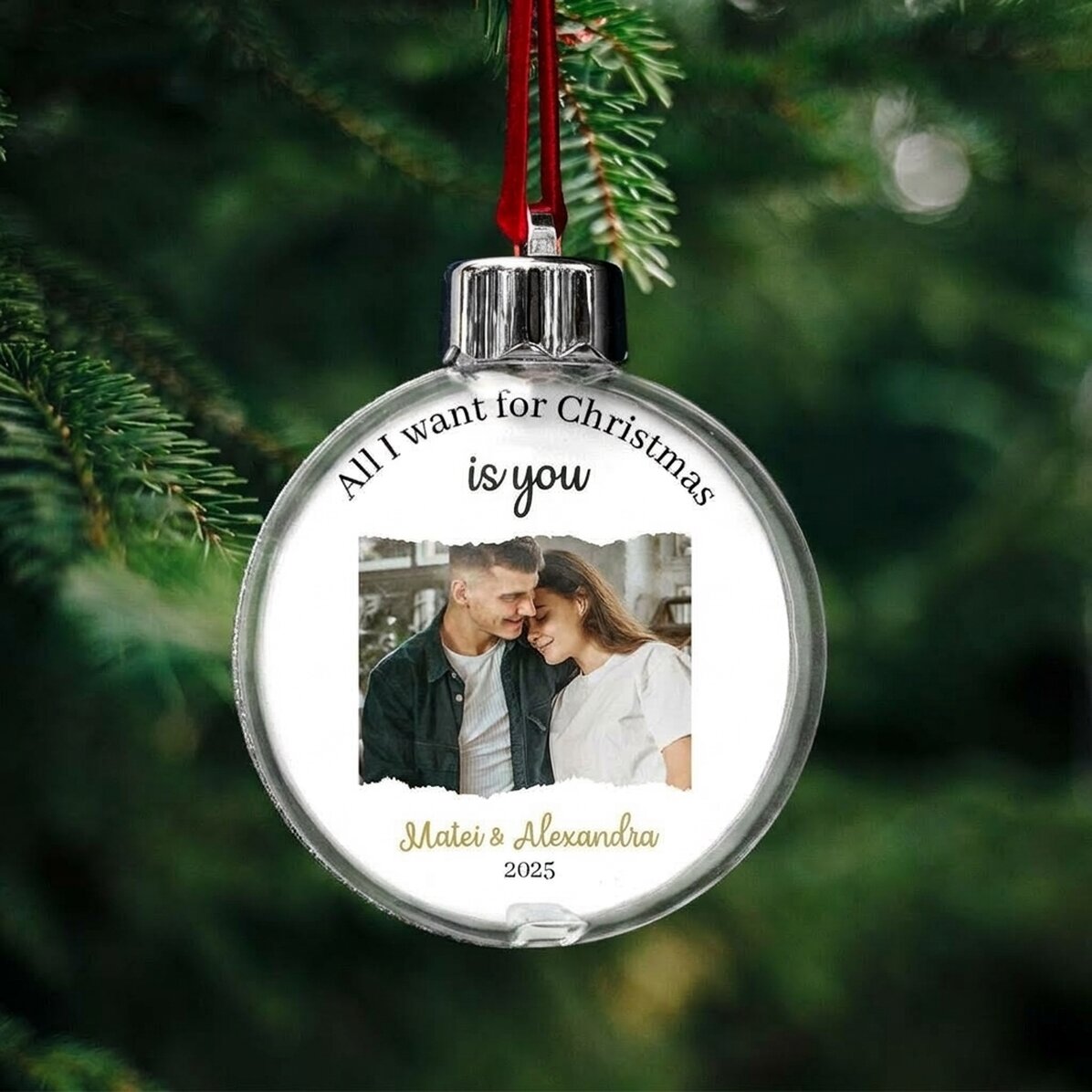 Gepersonaliseerde kerstbal met een boodschap en een foto - All I want for Christmas