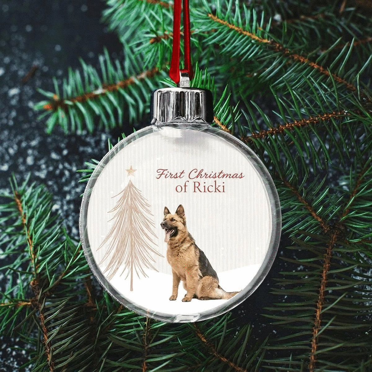 Gepersonaliseerde, doorzichtige kerstbal met aan beide kanten een foto en een boodschap - De eerste 