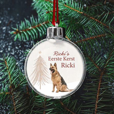 Gepersonaliseerde, doorzichtige kerstbal met aan beide kanten een foto en een boodschap - De eerste 