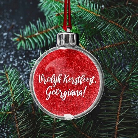 Gepersonaliseerde, doorzichtige kerstbal met aan beide kanten een foto en tekst - Vrolijk Kerstfeest