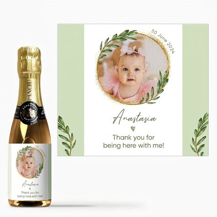 Mini-flesje mousserende wijn, gepersonaliseerd met een foto en tekst - Doopcadeau