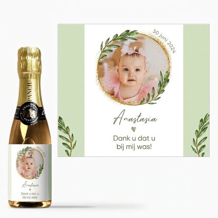 Mini-flesje mousserende wijn, gepersonaliseerd met een foto en tekst - Doopcadeau