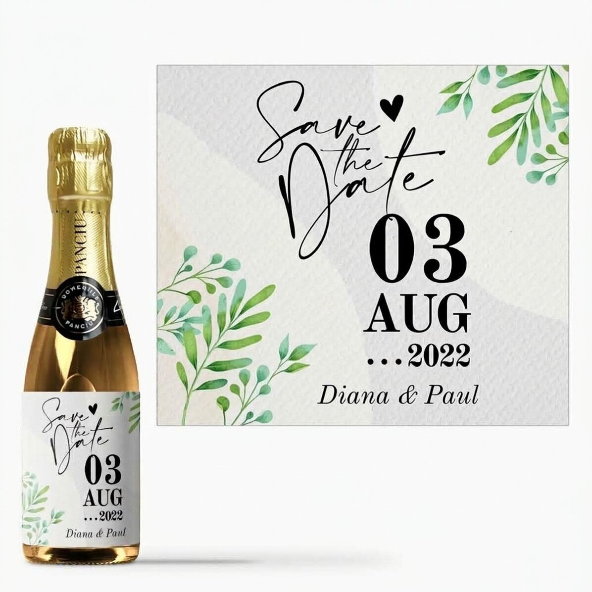 Mini-flesje mousserende wijn, gepersonaliseerd met tekst - Save the date