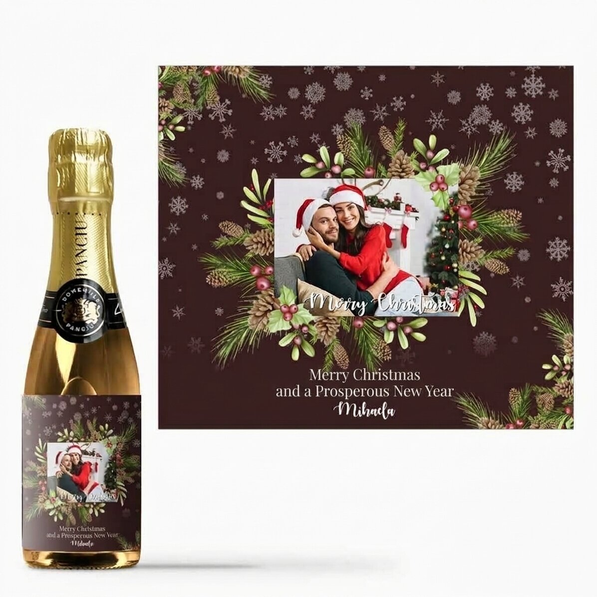 Mini-flesje mousserende wijn, gepersonaliseerd met foto en tekst - Kerstversieringen