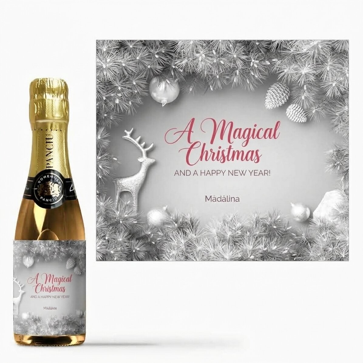 Mini-flesje mousserende wijn, gepersonaliseerd met tekst - Silver Christmas