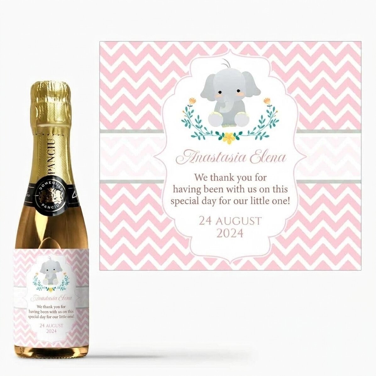Mini-flesje mousserende wijn, gepersonaliseerd doopcadeau met tekst - Olifant