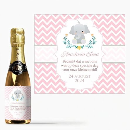 Mini-flesje mousserende wijn, gepersonaliseerd doopcadeau met tekst - Olifant