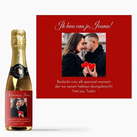 Mini-flesje mousserende wijn, gepersonaliseerd met een foto en een boodschap voor je dierbaren