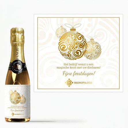 Mini-flesje mousserende wijn, gepersonaliseerd met logo en boodschap - Gouden kerstballen