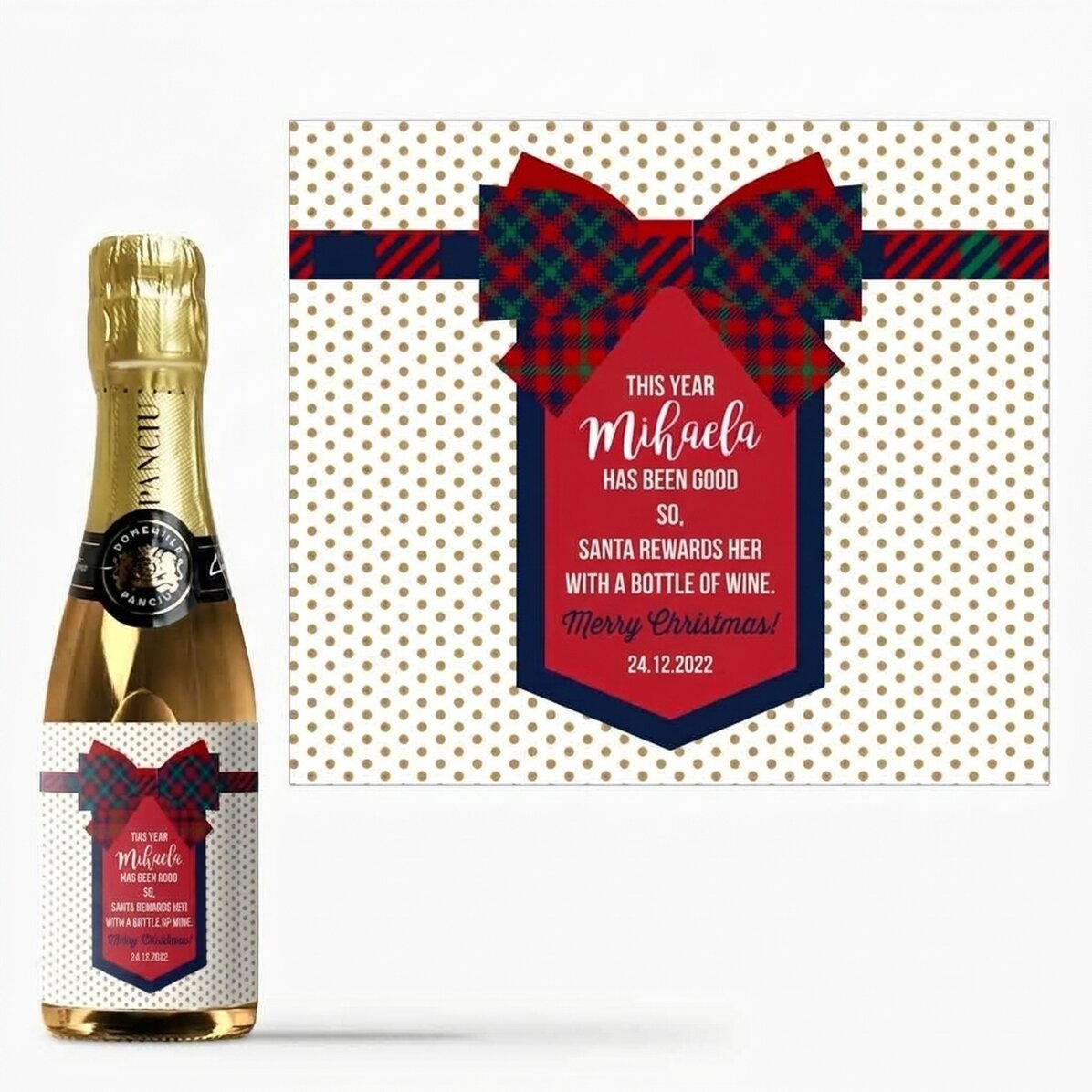 Mini-flesje mousserende wijn, gepersonaliseerd met tekst - Strikje
