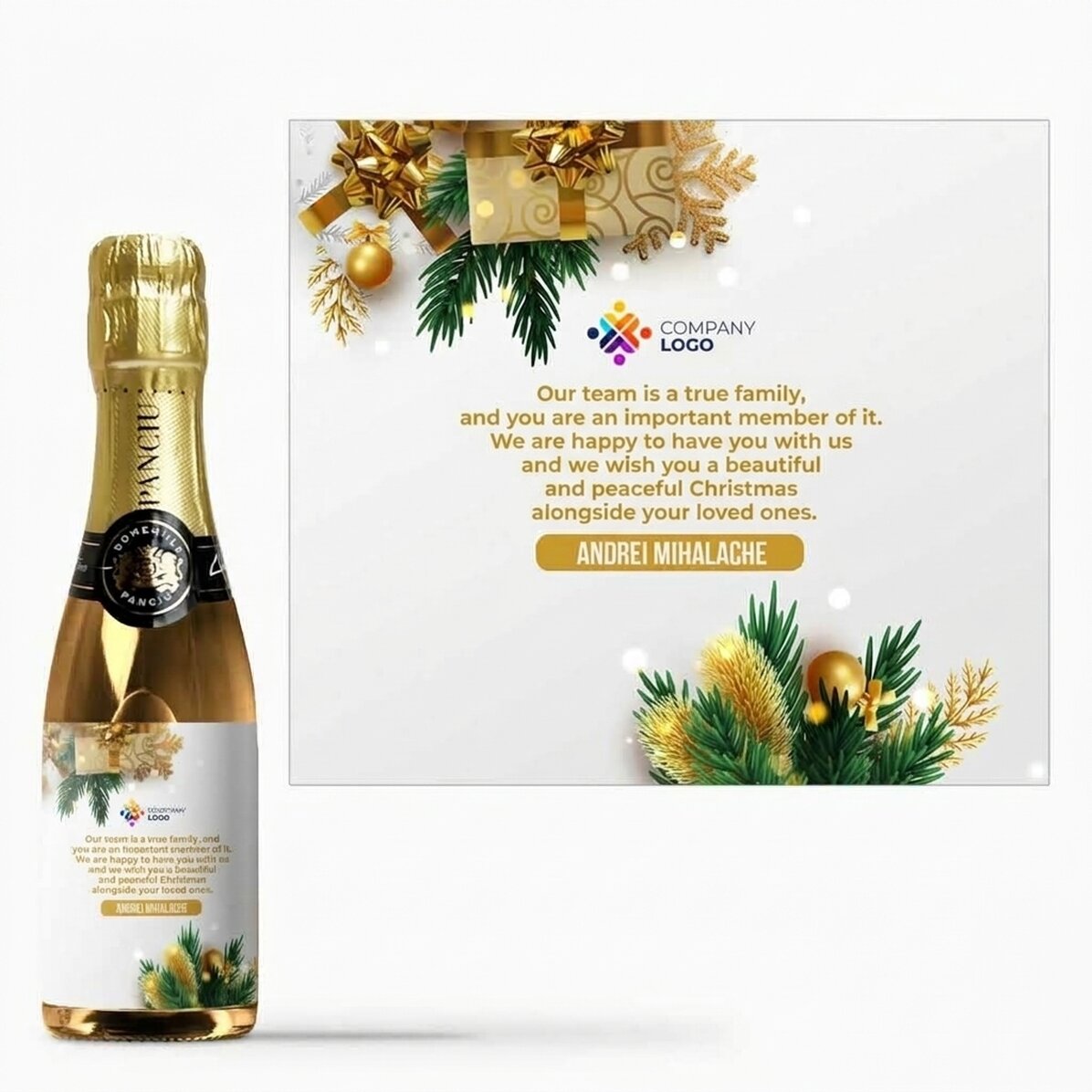 Mini-flesje mousserende wijn, gepersonaliseerd met een boodschap en logo - Een feestelijk verhaal