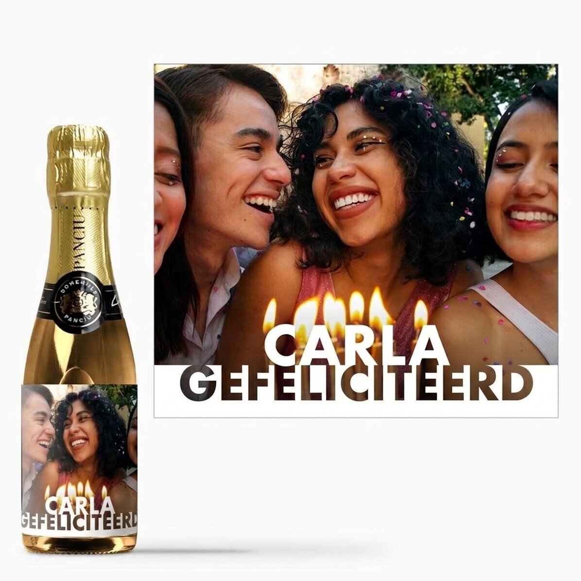 Mini-flesje mousserende wijn, gepersonaliseerd met foto en naam voor een verjaardag