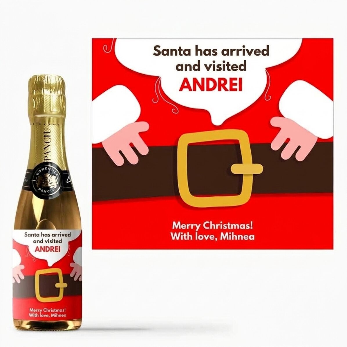 Mini-flesje mousserende wijn, gepersonaliseerd met een boodschap - De kerstman is er