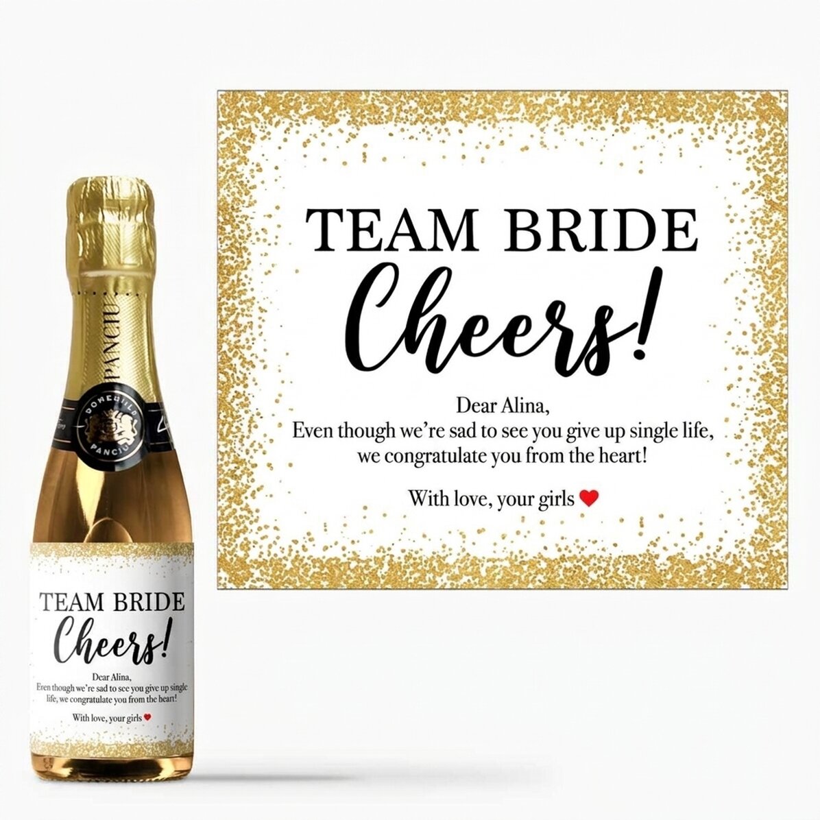 Mini-flesje mousserende wijn, gepersonaliseerd met tekst voor het vrijgezellenfeest - Cheers