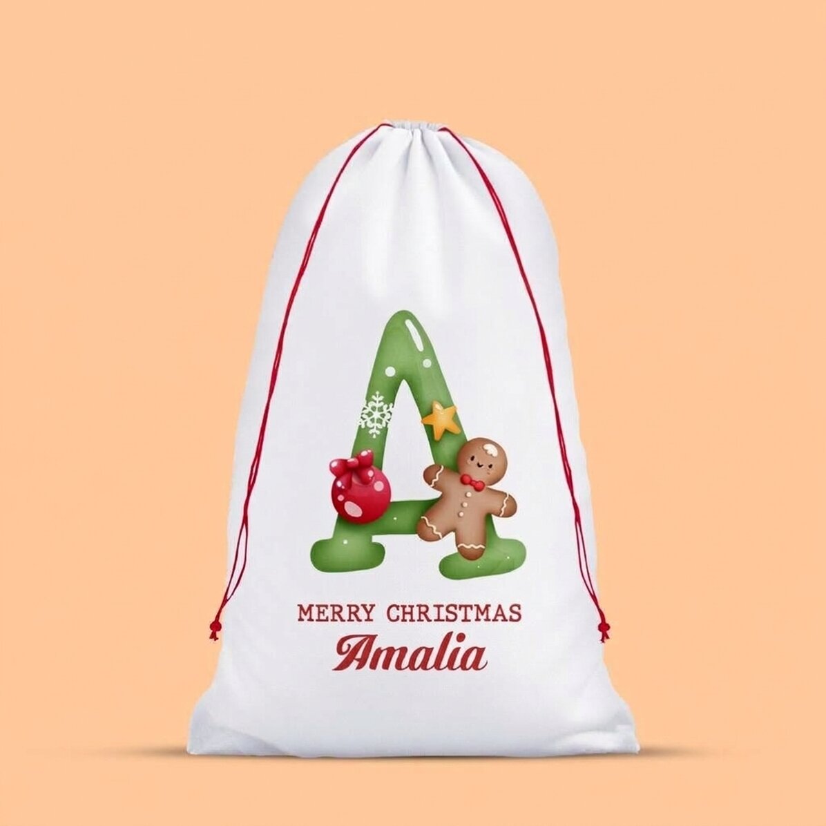 Witte cadeauzak, gepersonaliseerd met een initiaal en een boodschap
