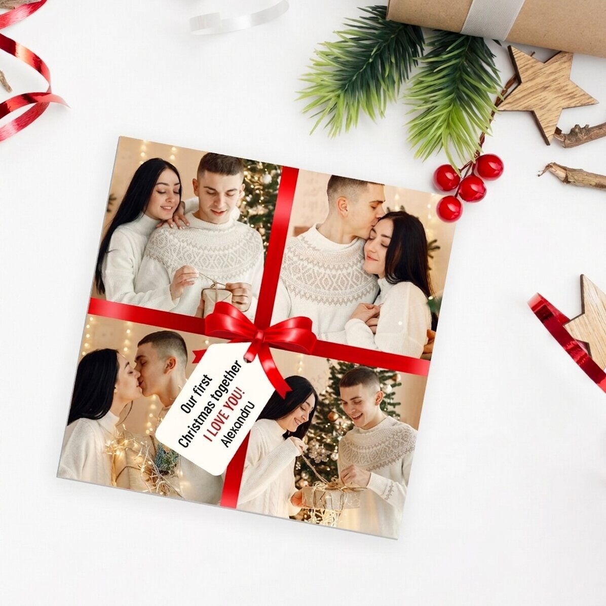Gepersonaliseerde magneet van 10x10 met 4 foto’s en een boodschap – Het perfecte cadeau