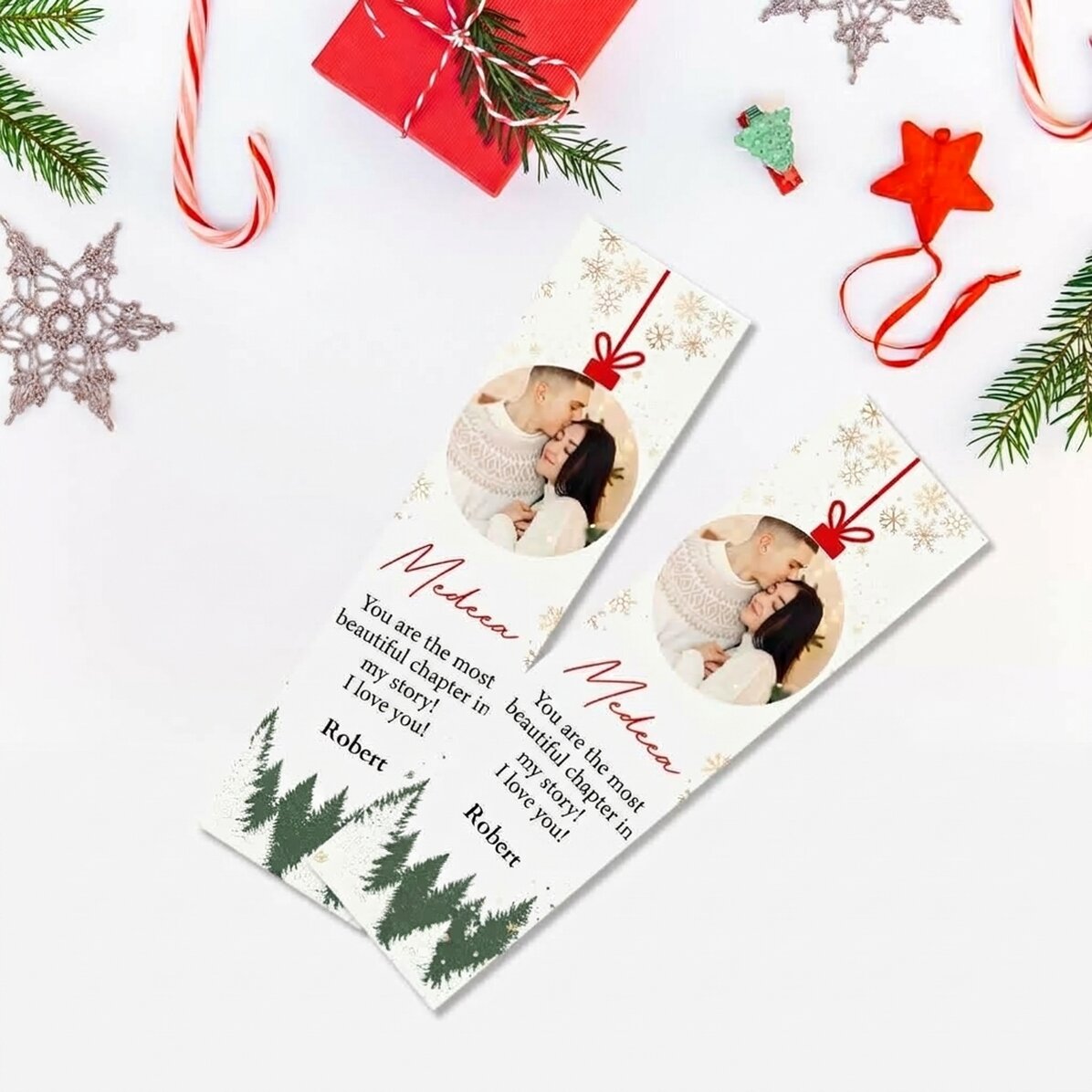 Gepersonaliseerde boekenlegger met tekst en foto - Kerstbal