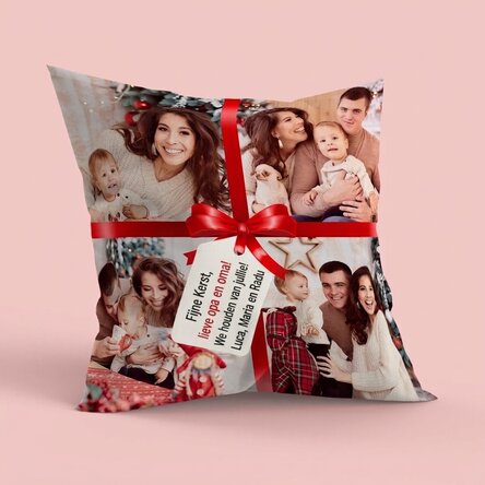Gepersonaliseerd kussen met 4 foto’s en een boodschap – Het perfecte cadeau
