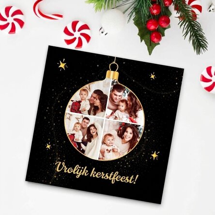 Gepersonaliseerde magneet van 10x10 met 4 foto’s en een boodschap - Kerstbal