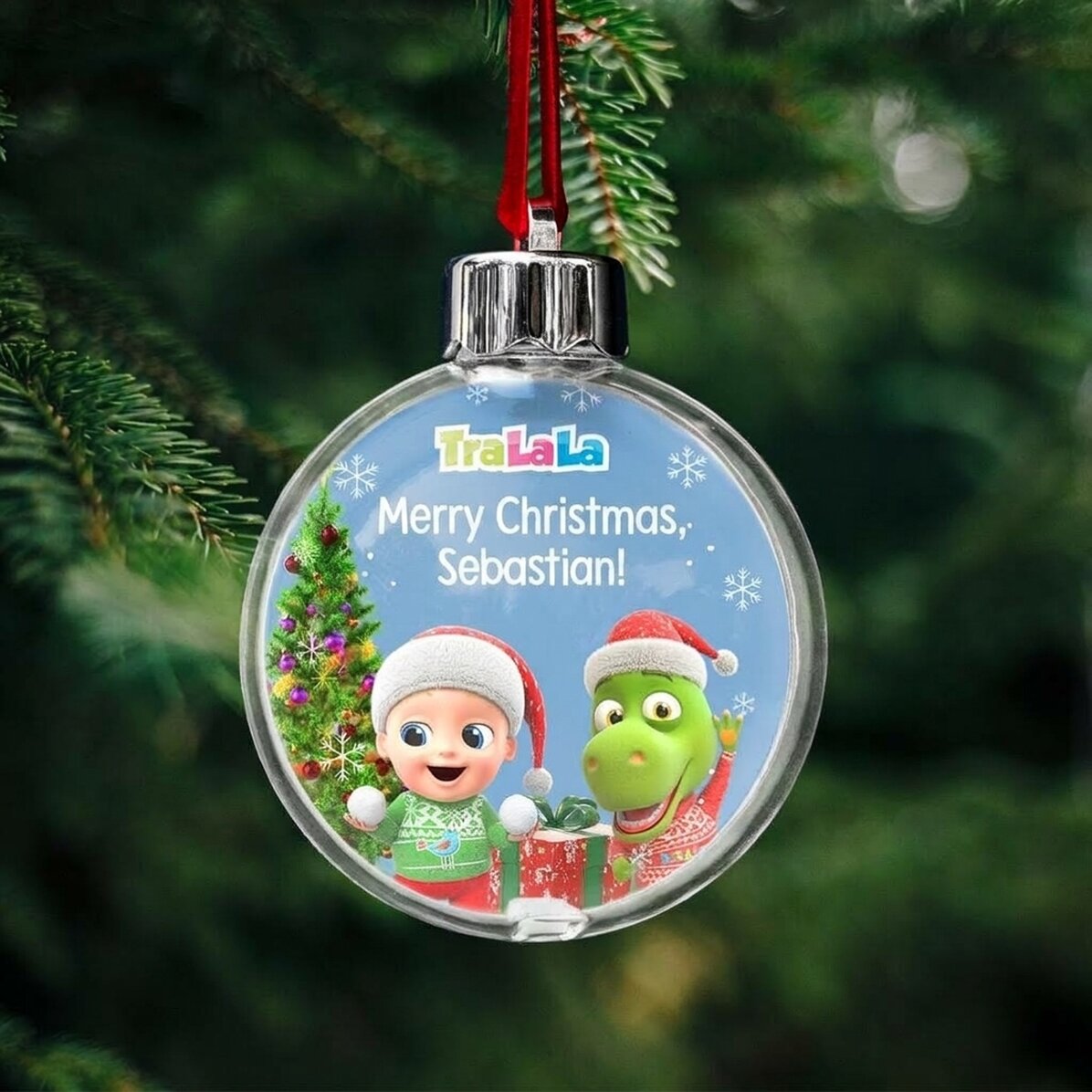 Gepersonaliseerde, doorzichtige bol met tekst en foto aan beide kanten - Kerstmis met TraLaLa