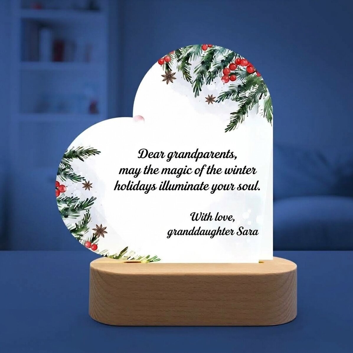 Gepersonaliseerde LED-nachtlampje in de vorm van een hart met kerstboodschap